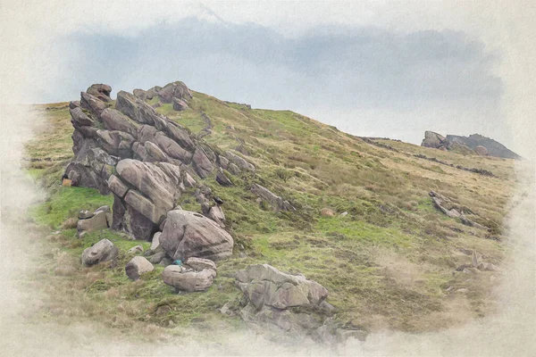 Digital Akvarellmålning Gib Torr Med Utsikt Över Roaches Ramshaw Rocks — Stockfoto