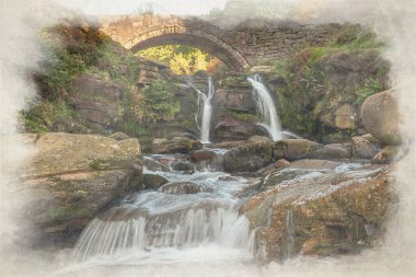 Üç Shire Heads. İngiltere 'nin Peak District bölgesindeki Three Shires Head' de sonbahar şelalesi ve taş yük beygiri köprüsünün dijital suluboya resmi..