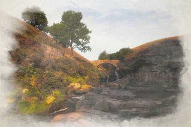 Üç Shire Heads. İngiltere 'nin Peak District bölgesindeki Three Shires Head' de sonbahar şelalesi ve taş yük beygiri köprüsünün dijital suluboya resmi..