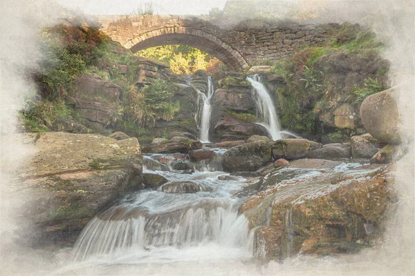 Tři Hlavy Kraje Digitální Akvarel Podzimního Vodopádu Kamenného Mostu Three — Stock fotografie