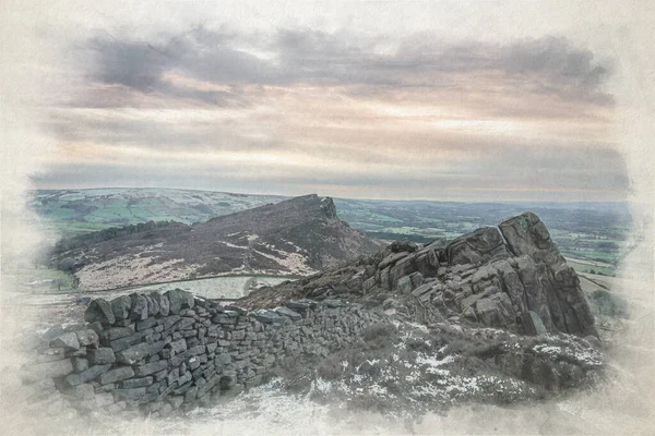Kackerlackorna Staffordshire Digital Akvarell Vinter Soluppgång Målning Peak District National — Stockfoto