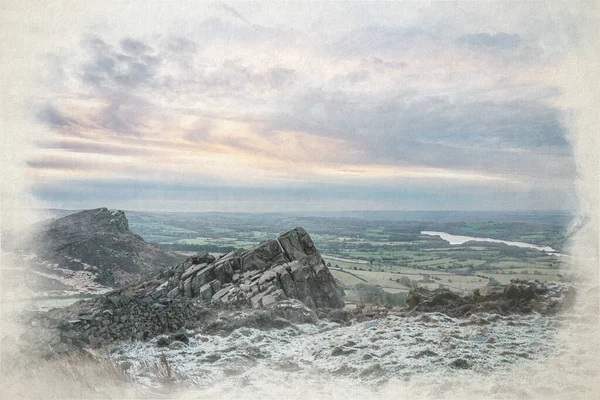 Kackerlackorna Staffordshire Digital Akvarell Vinter Soluppgång Målning Peak District National — Stockfoto