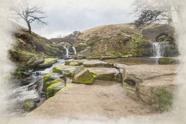 Üç Shire Heads. İngiltere 'nin Peak District bölgesindeki Three Shires Head' de sonbahar şelalesi ve taş yük beygiri köprüsünün dijital suluboya resmi..