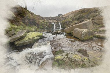 Üç Shire Heads. İngiltere 'nin Peak District bölgesindeki Three Shires Head' de sonbahar şelalesi ve taş yük beygiri köprüsünün dijital suluboya resmi..