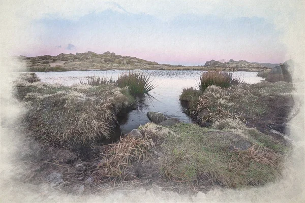 Digital Watercolour Painting Sunrise Doxey Pool Roaches Staffordshire Peak District — Stock Photo, Image