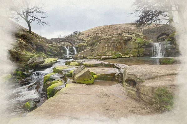 Три Головы Шира Цифровая Акварельная Живопись Осеннего Водопада Каменного Моста — стоковое фото