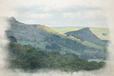 İngiltere 'nin Peak District Ulusal Parkı' ndaki Hanging Stone, Staffordshire 'dan The Roaches ve Hen Cloud' un kırsal manzarasının dijital suluboya resmi..