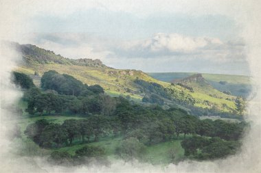İngiltere 'nin Peak District Ulusal Parkı' ndaki Hanging Stone, Staffordshire 'dan The Roaches ve Hen Cloud' un kırsal manzarasının dijital suluboya resmi..