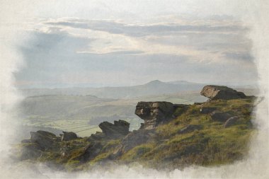 İngiltere 'nin Peak District Ulusal Parkı' ndaki The Roaches, Staffordshire 'da günbatımının dijital bir atmosferik kırsal manzarası..