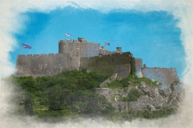 İkonik Mont Orgueil Şatosu 'nun suluboya dijital tablosu. Gorey Limanı, Jersey, Channel Adaları, Britanya Adaları.