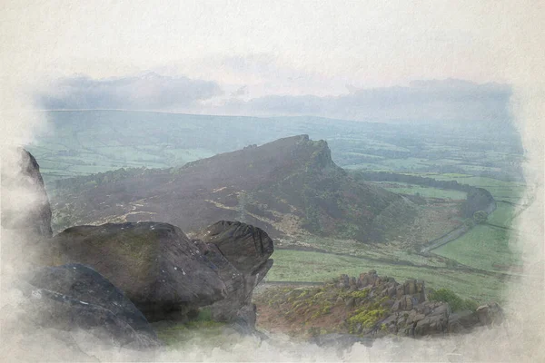 Förenade Kungarikets Hedlandskap Digital Akvarellmålning Hen Cloud Vid Soluppgången Peak — Stockfoto
