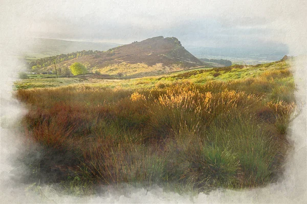 Förenade Kungarikets Hedlandskap Digital Akvarellmålning Hen Cloud Vid Soluppgången Peak — Stockfoto