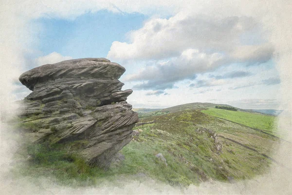 Digital Akvarellmålning Landskapet Roaches Hen Cloud Från Hanging Stone Staffordshire — Stockfoto