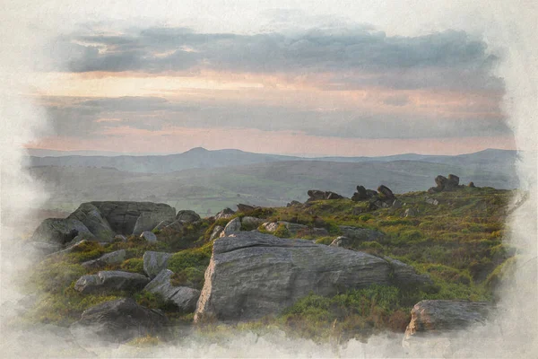英国のピーク地区国立公園のThe Roachs Stfordeshireでの日没の大気田園風景デジタル水彩画 — ストック写真