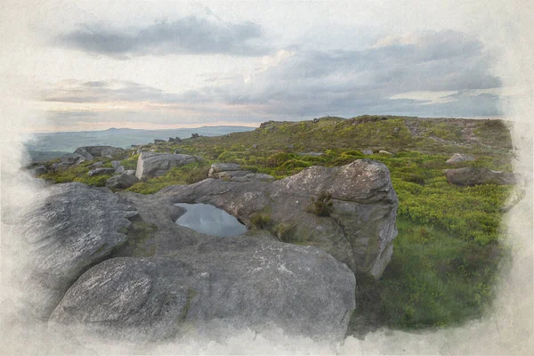 英国山顶区国家公园斯塔福德郡落日的大气乡村景观数字水彩画 — 图库照片