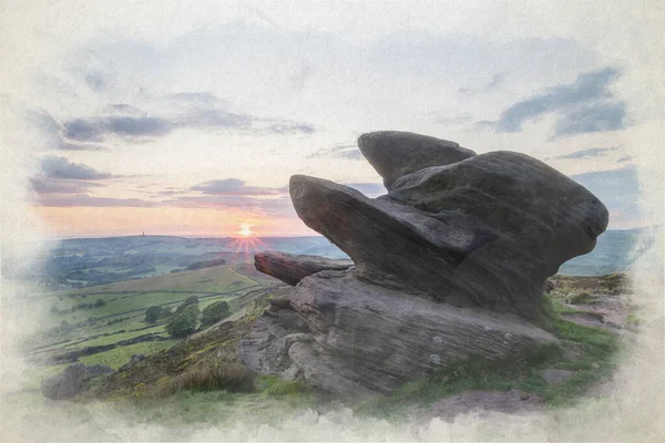 Stämningsfull Landsbygd Landskap Digital Akvarell Målning Solnedgången Roaches Staffordshire Peak — Stockfoto