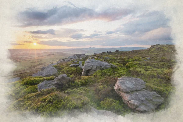 Paisaje Rural Atmosférico Acuarela Digital Pintura Puesta Sol Roaches Staffordshire — Foto de Stock