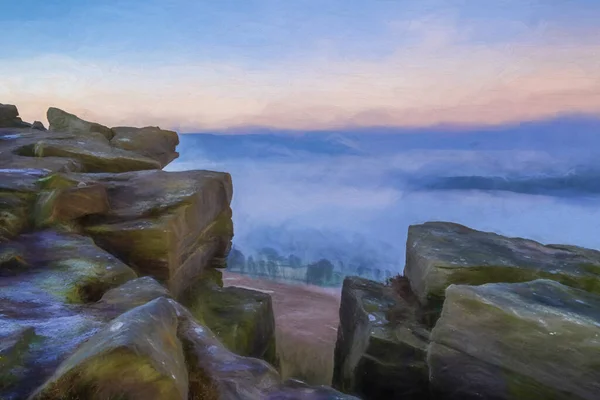 Bamford Edge Ladybower Hope Valley Digital Oil Painting Winter Sunrise — Stock Photo, Image