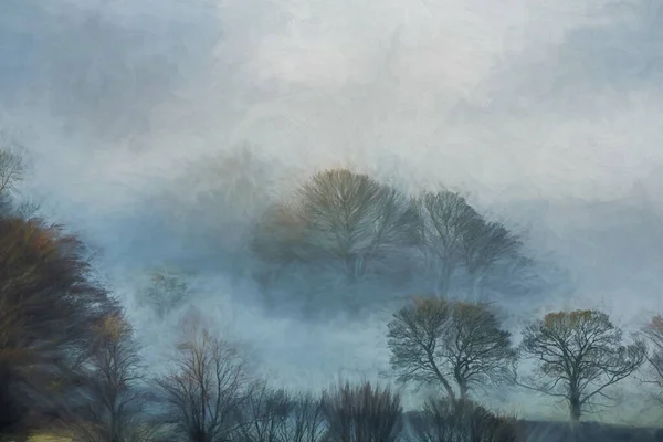 Drzewa Cyfrowy Obraz Olejny Mgły Winiety Krajobrazowej Bamford Edge Podczas — Zdjęcie stockowe