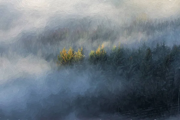 Puut Sumu Digitaalinen Öljymaalaus Bamford Edge Maisema Vinjetti Talvella Auringonnousun — kuvapankkivalokuva