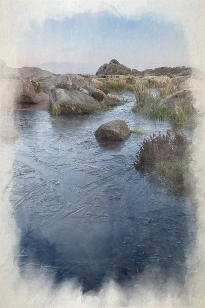 Digital Watercolor Painting Sunrise Doxey Pool Roaches Staffordshire Peak District — 스톡 사진