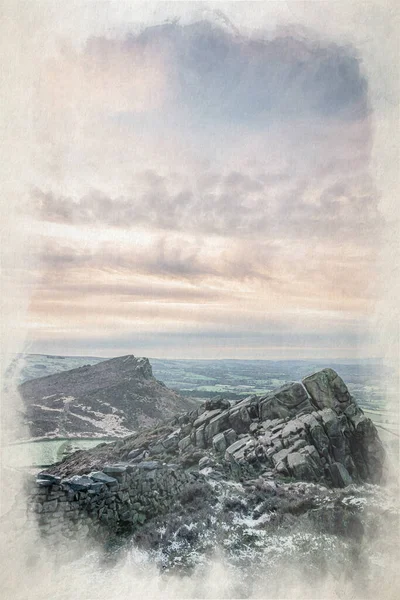 Una Pintura Digital Acuarela Panorámica Invierno Vista Desde Roaches Staffordshire — Foto de Stock