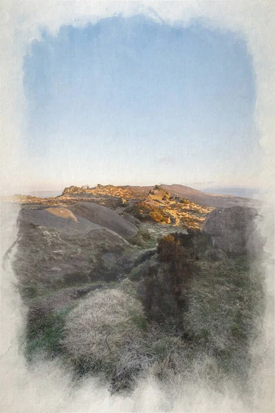 Зимняя Панорамная Цифровая Акварельная Картина Видом Тараканы Стаффордшир Восходе Солнца — стоковое фото