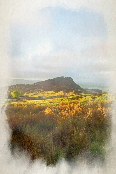 英国荒原景观 英国山顶区国家公园日出时分的黄云数码水彩画 — 图库照片