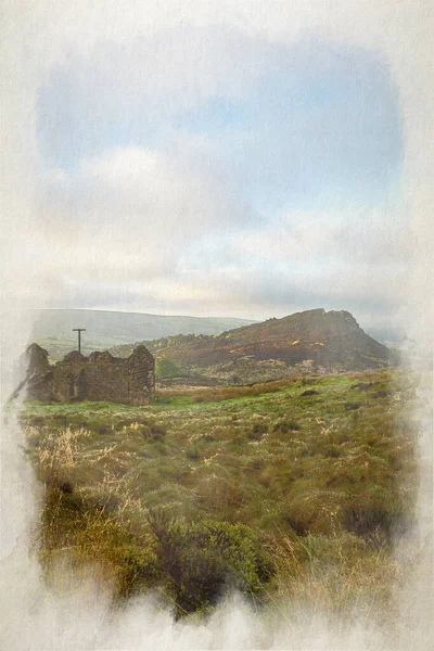 英国荒原景观 英国山顶区国家公园日出时分的黄云数码水彩画 — 图库照片