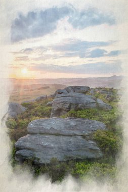 Staffordshire, İngiltere 'deki The Peak District Ulusal Parkı' ndaki The Roaches 'ta günbatımının dijital bir atmosferik kırsal manzarası..