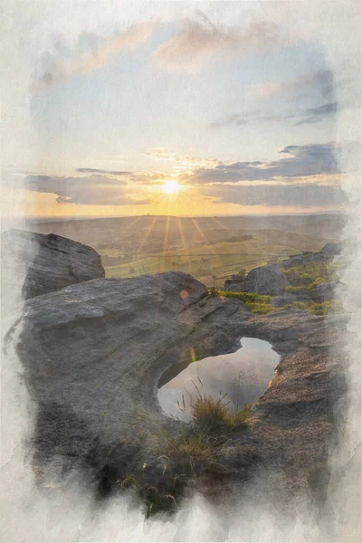 Stämningsfull Landsbygd Landskap Digital Akvarell Målning Solnedgången Roaches Peak District — Stockfoto