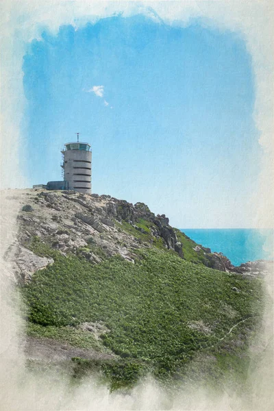 Pintura Aquarela Digital Icónica Torre Vigia Ww2 Corbiere Promontório Brelade — Fotografia de Stock