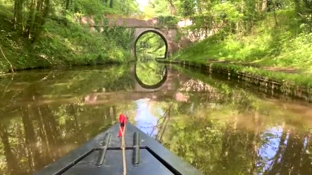 英国の晴れた夏の日にシュロップシャー連合運河水路に沿って移動する屋形船 または運河バージのPov映像 — ストック動画