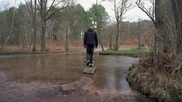 Man Stops Looks Walks Stepping Stones Sherbrook Valley Cannock Chase — Stock Video