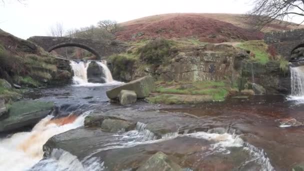 Pan Right Rural Winter Landscape Scene Waterfalls Packhorse Stone Bridges — Stock Video