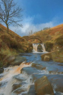 Kırsal bir manzaranın dijital yağlı boya tablosu. Peak District Ulusal Parkı 'nda üç Shire Heads, İngiltere.