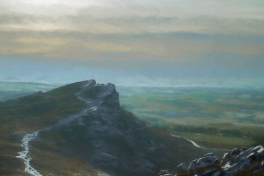 İngiltere, Staffordshire 'daki The Peak District Ulusal Parkı' ndaki Hamamböcekleri 'nin kışın yağlı boya tablosu..