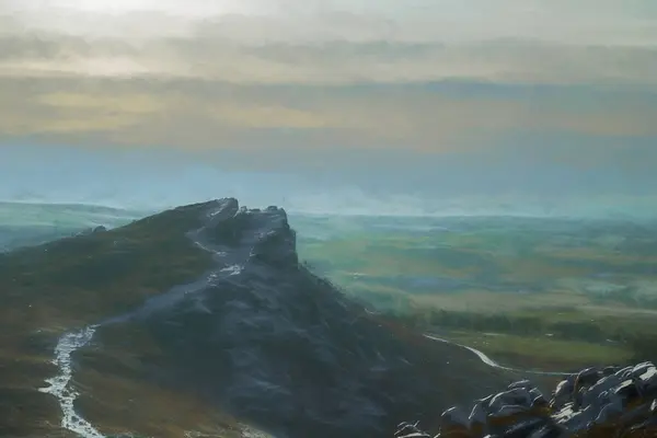İngiltere, Staffordshire 'daki The Peak District Ulusal Parkı' ndaki Hamamböcekleri 'nin kışın yağlı boya tablosu..
