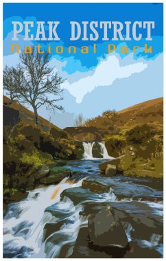 Üç Shire Heads nostaljik geçmişe dönük seyahat posteri konsepti Peak District Ulusal Parkı, İngiltere, Çalışma Projeleri Yönetimi tarzında.