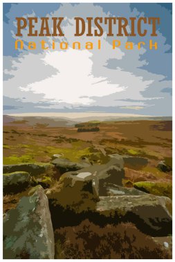 Stanage Edge değirmen taşları, Derbyshire nostaljik nostaljik seyahat poster konsepti Peak District Ulusal Parkı, İngiltere, Çalışma Projeleri Yönetimi tarzı.