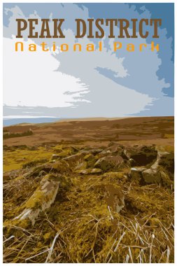 Stanage Edge değirmen taşları, Derbyshire nostaljik nostaljik seyahat poster konsepti Peak District Ulusal Parkı, İngiltere, Çalışma Projeleri Yönetimi tarzı.