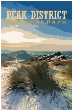 The Roaches, Staffordshire nostalgic retro winter travel poster concept of the Peak District National Park, England, UK in the style of Work Projects Administration. clipart