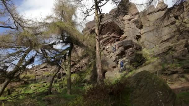 英国斯塔福德郡山顶地区国家公园 的石碑上登山者 — 图库视频影像