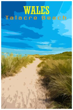 WPA inspired retro travel poster of the sand dunes and beach at Talacre a popular tourist destination in North Wales on a bright sunny summer day. clipart