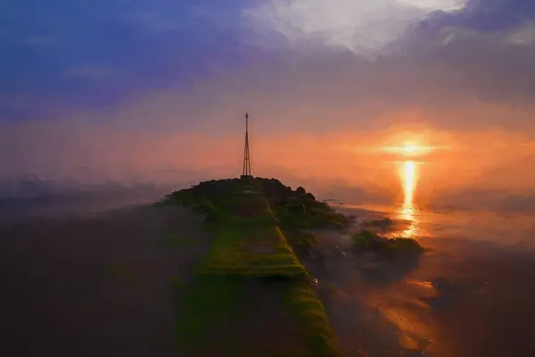 stock image Digital oil painting of sea groynes at the coastal holiday seaside resort of Rhos-on-Sea, Wales, UK at sunrise.