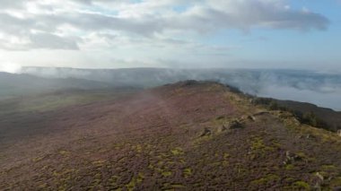 Sabahın erken saatlerinde İngiltere 'nin Peak District Ulusal Parkı' ndan yükselen sis, sis ve mor fundanın hava perspektifi.