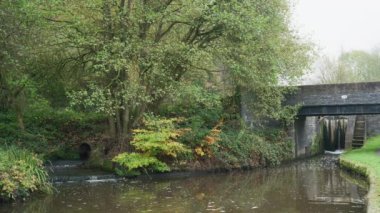 Stockton Brook yakınlarındaki 24 numaralı köprüde sonbahar sezonunda Caldon Kanalı 'nın geniş çaplı çekim görüntüleri..