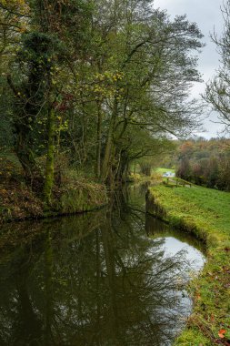 Vibrant autumn, fall tree and leaf colours along the Caldon canal inland waterway at Denford in Staffordshire, England, UK. clipart