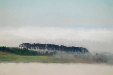 İngiltere, İngiltere 'deki The Peak District Ulusal Parkı' ndaki The Roaches 'ta sıcaklığın tersine çevrildiği kış gündoğumu dijital yağlı boya manzarası..