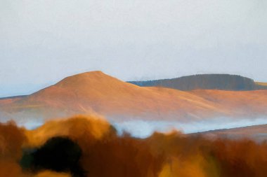 A rural winter sunrise landscape digital oil painting of Shutlingsloe Hill and Macclesfield forest in the Peak District National Park, England, UK. clipart